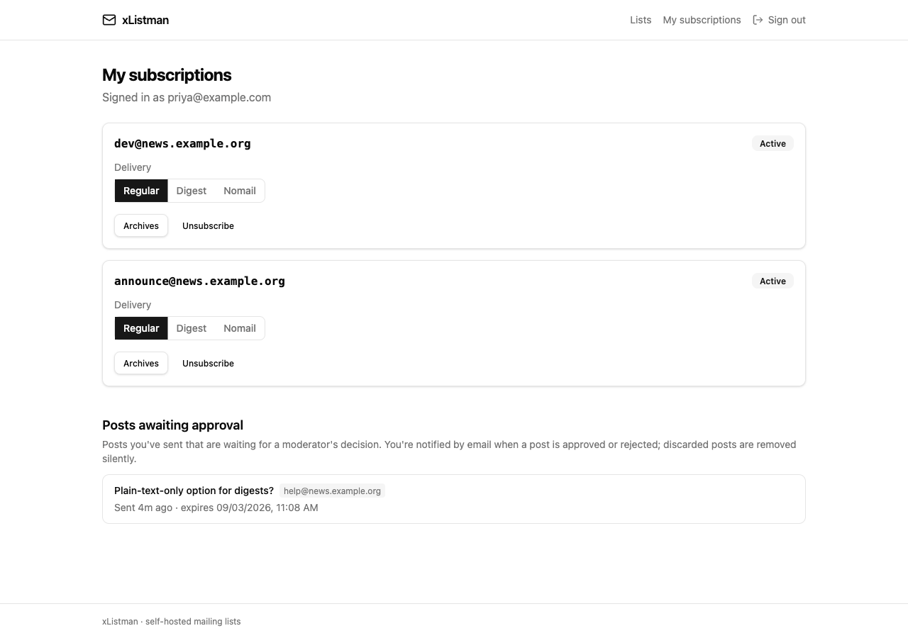 The member self-service page showing subscriptions and delivery preferences
