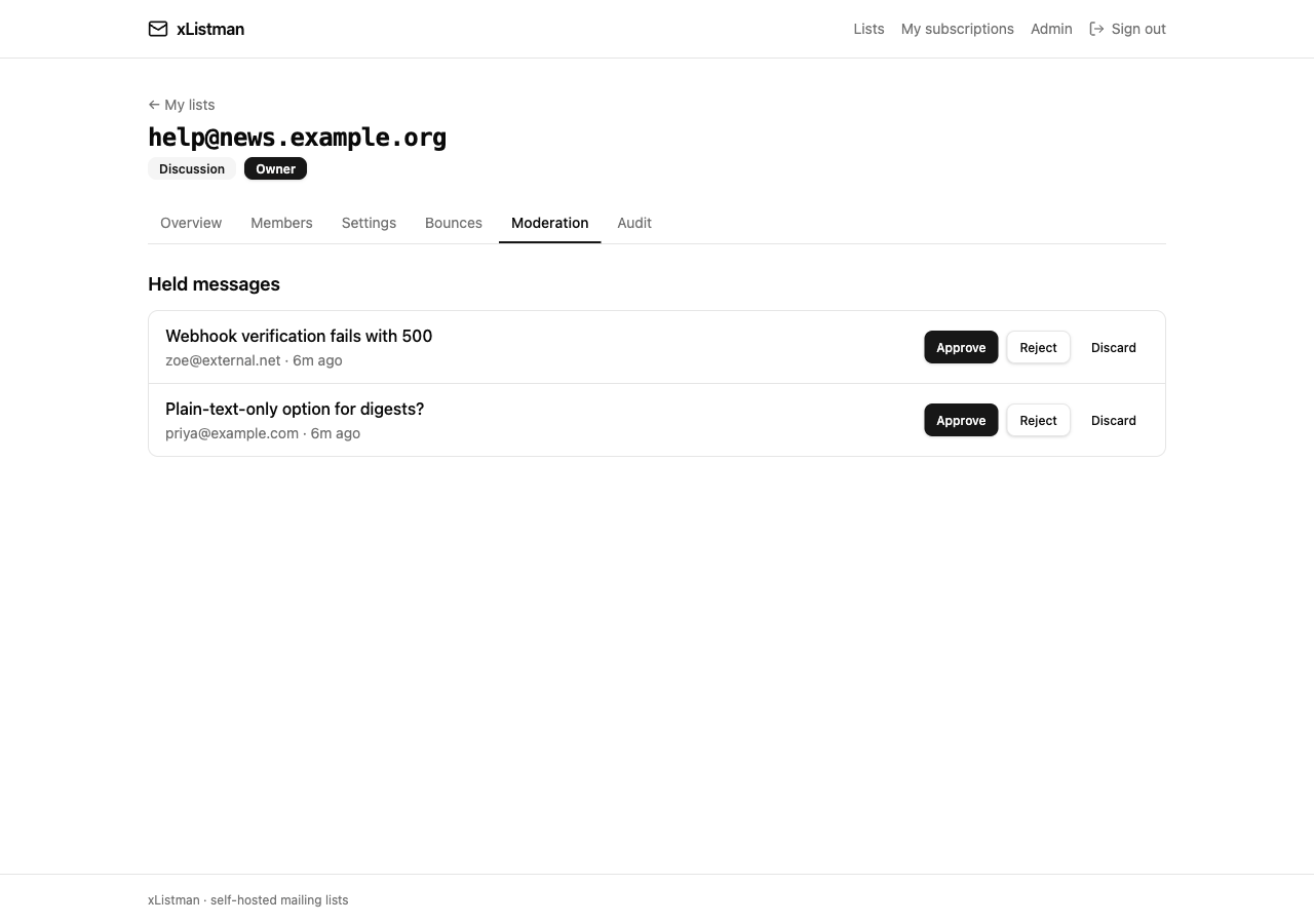 The moderation view of held messages awaiting approval